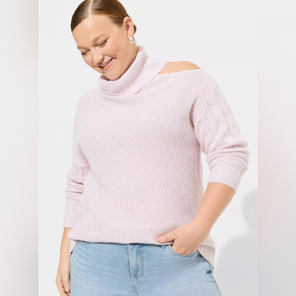 TORRID Lurex Cable Pullover Cold Shoulder Turtle Neck Sweater Baby Pink NWT 3X